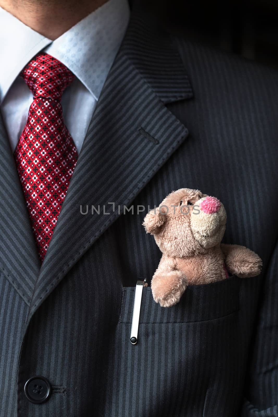 The elegant stylish businessman keeping cute teddy bear in a his breast suit pocket. Formal negotiations concept