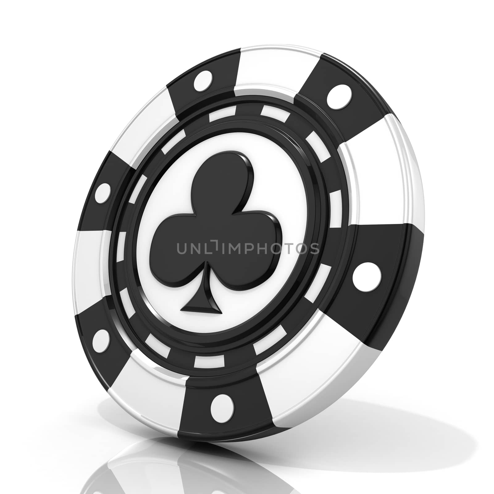 Black gambling chip with club sign on it. 3D render isolated on white background