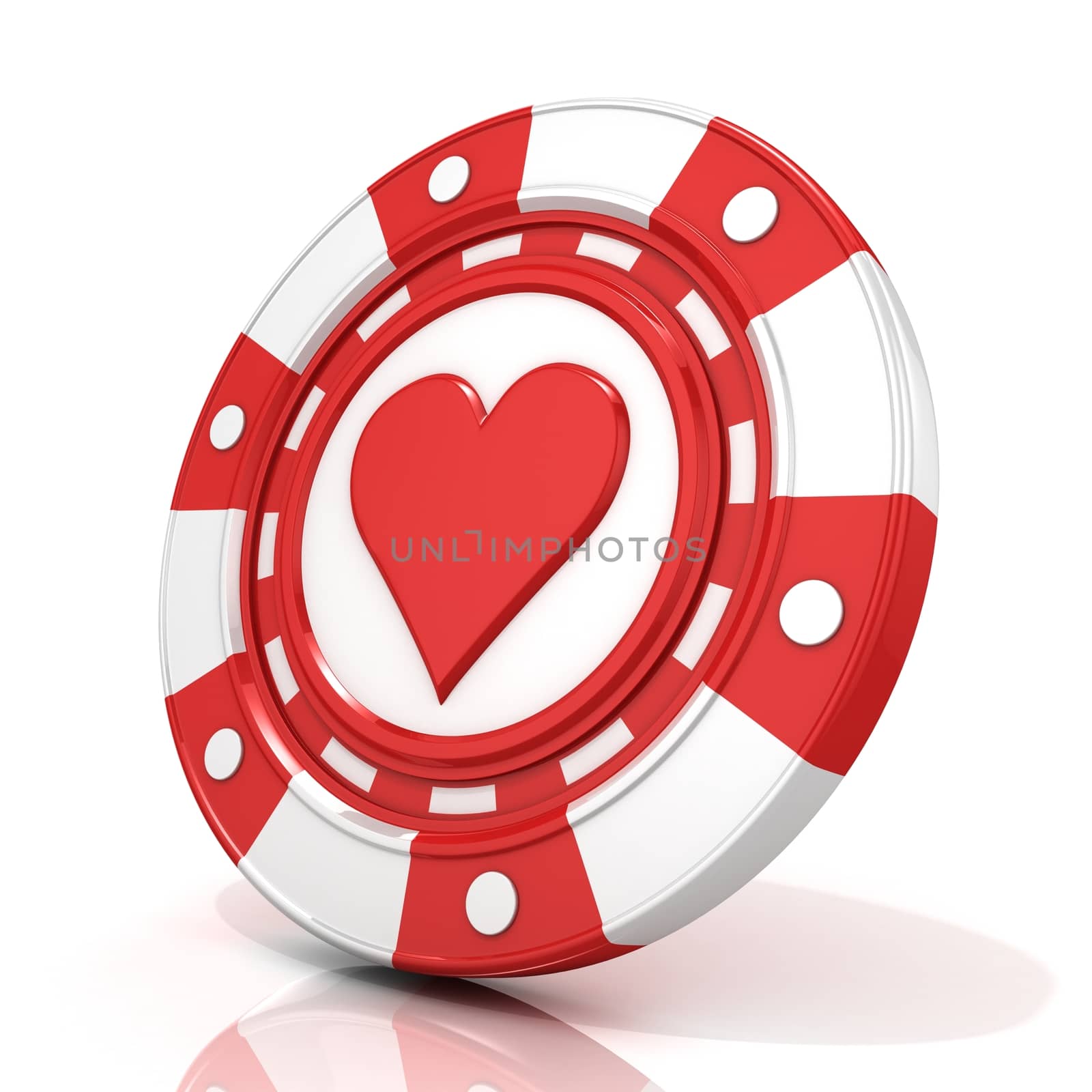 Red gambling chip with heart sign on it. 3D render isolated on white background
