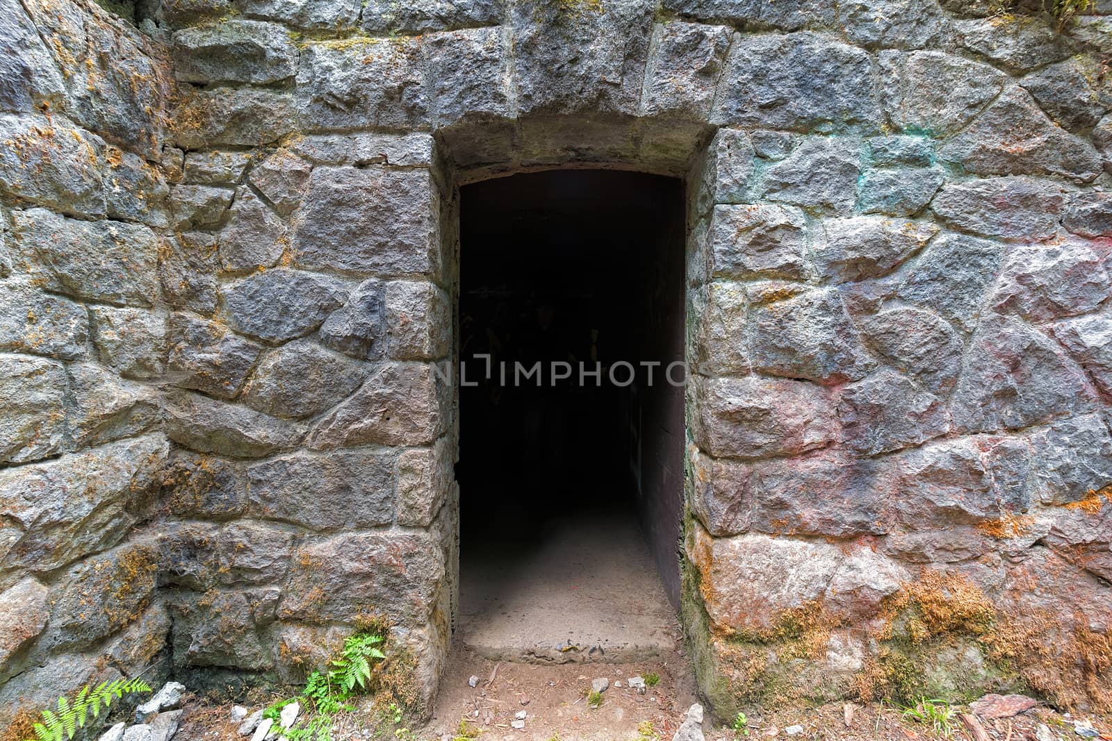 Doorway into abandoned stone house at Wildwood Trail in Portland Oregon