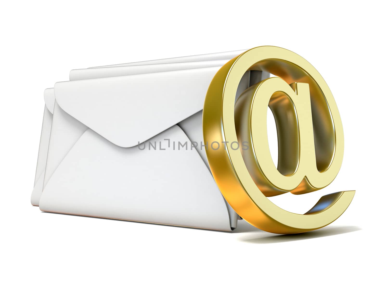 Envelopes with golden e-mail sign. 3D render illustration isolated on white background