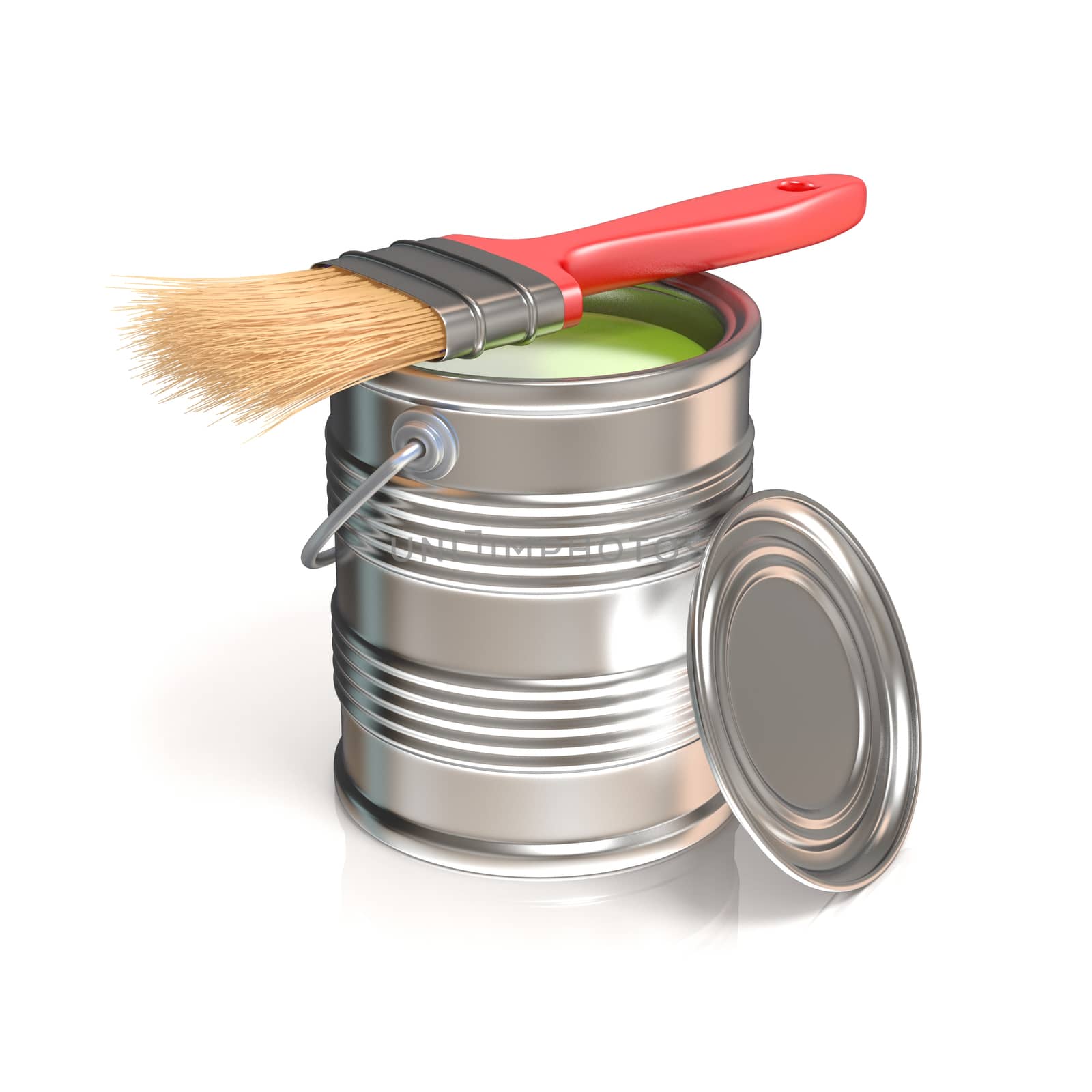 Metal tin can with green paint and paintbrush. Side view. 3D render illustration isolated on white background