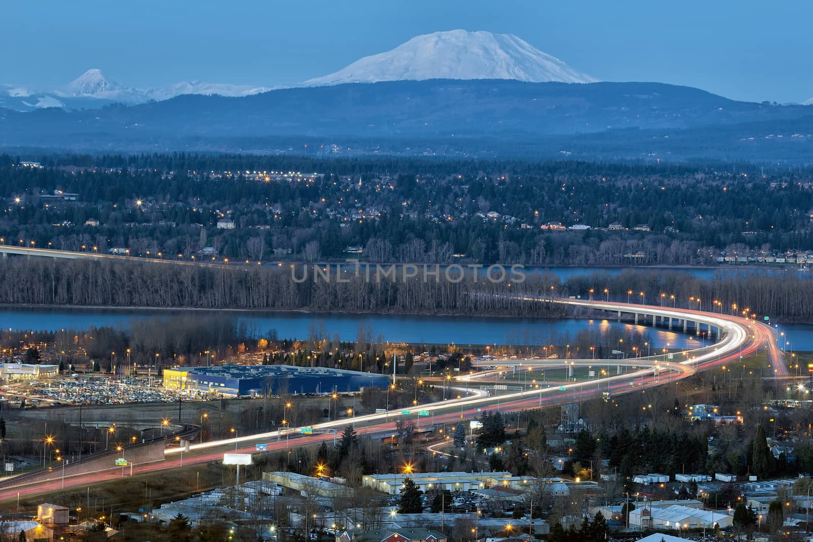 Glenn L  Jackson Memorial Bridge I-205 freeway over Columbvia River between Oregon and Washington state during evening blue hour