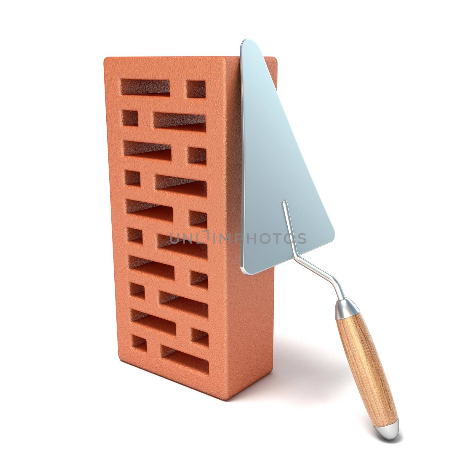 Brick with trowel for construction. 3D render illustration isolated on white background