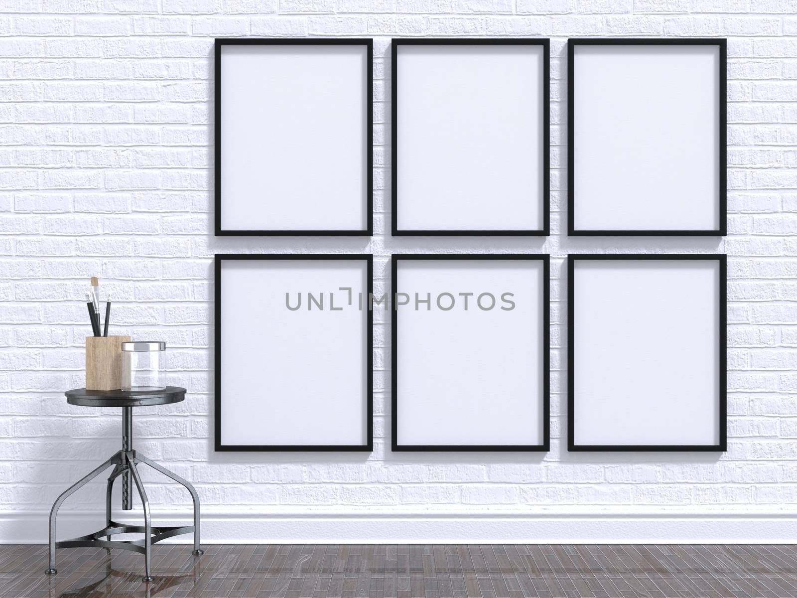 Mock up photo frame with table, floor and wall. 3D render illustration