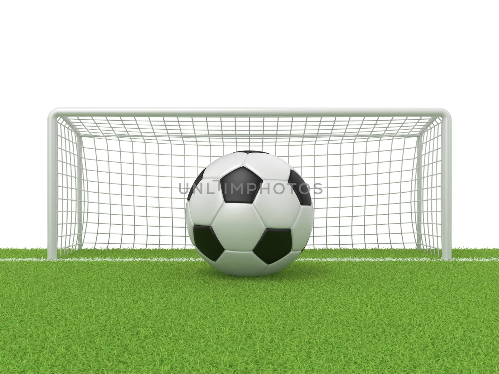 Football - soccer ball in front of goal gate on grass. 3D render illustration isolated on white background