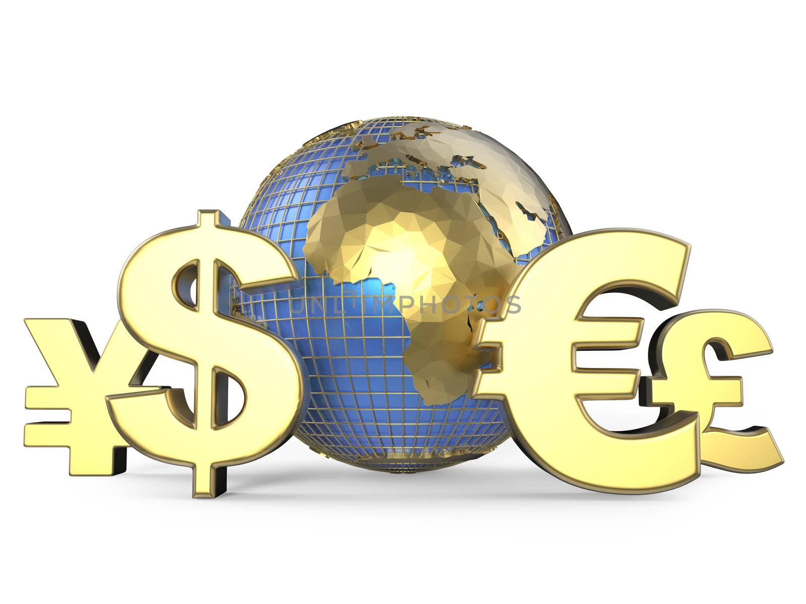 Gold currency symbols around the globe. 3D render illustration isolated on white background