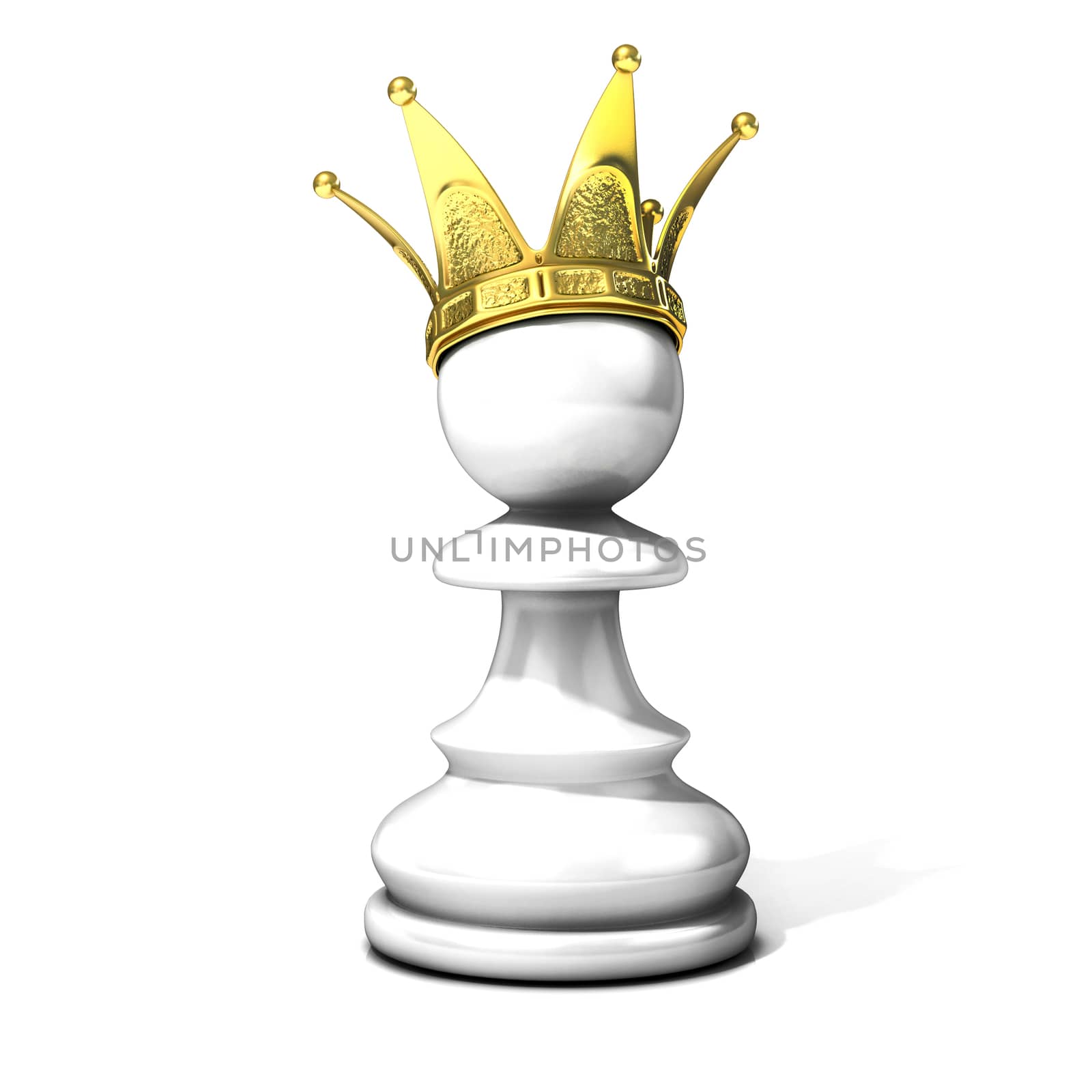 White pawn with a golden crown, isolated on a white background