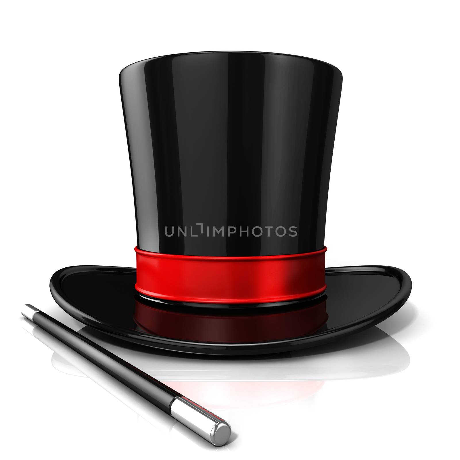 Magic hat and wand, 3D render isolated on white background. Front view