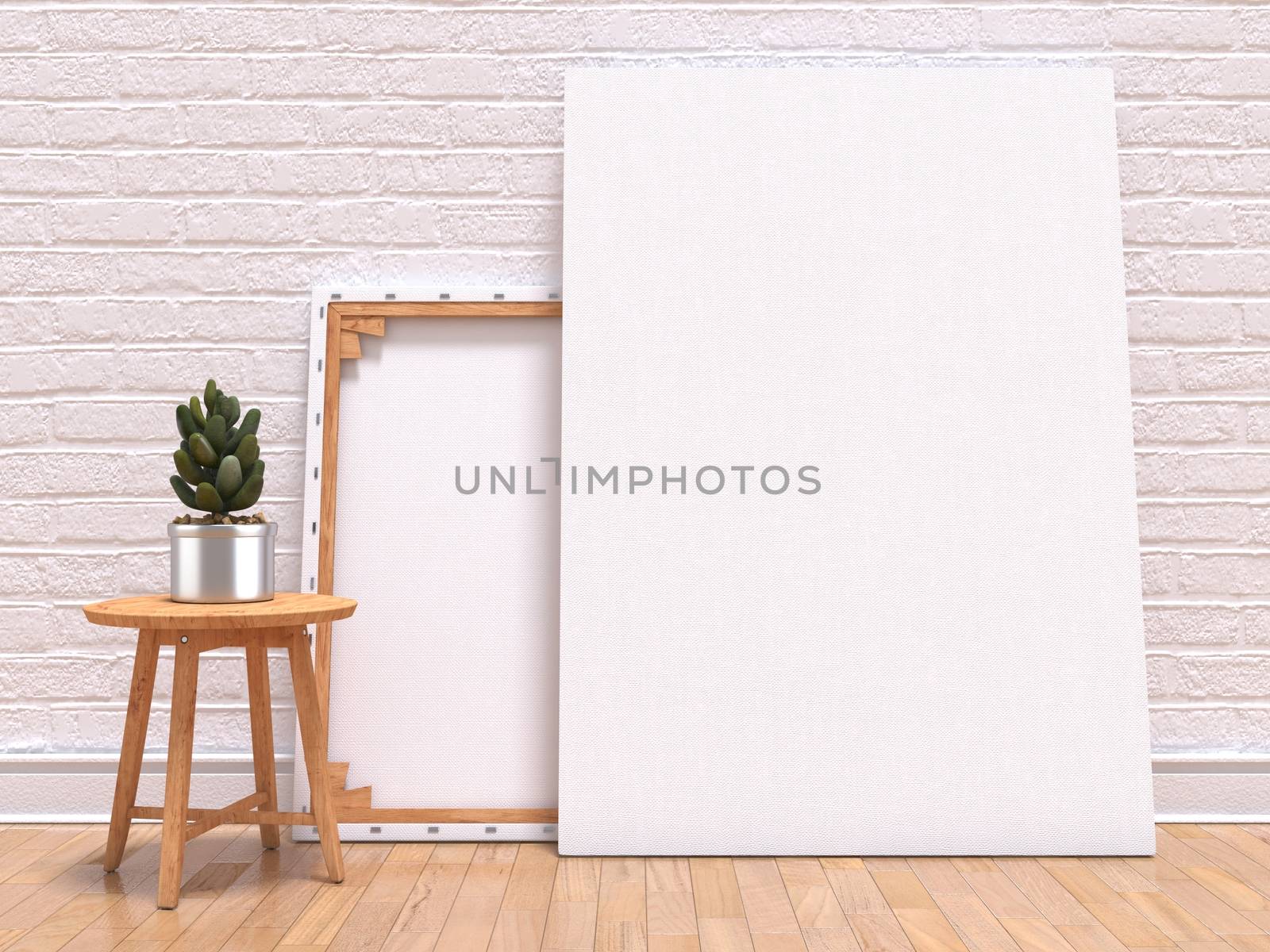 Mock up canvas frame with plant, floor and wall. 3D render illustration