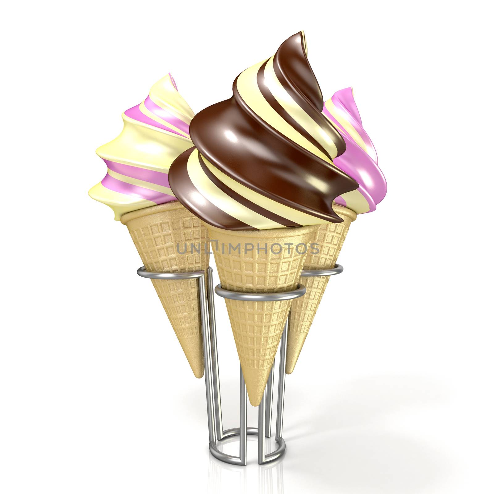 Different sorts of ice creams in a waffles. 3D render illustration isolated on white background