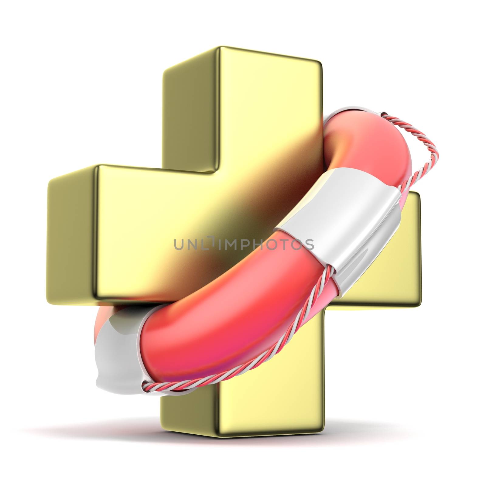 Lifebelt on golden medical cross sign. 3D render illustration isolated on white background