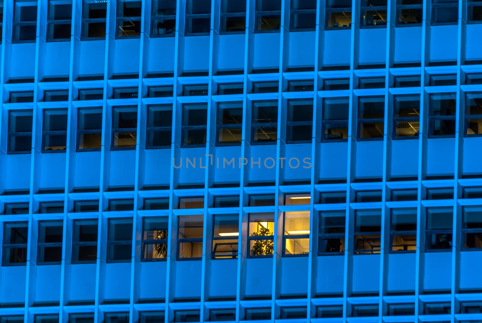 horizontal image, Blue tall building windows