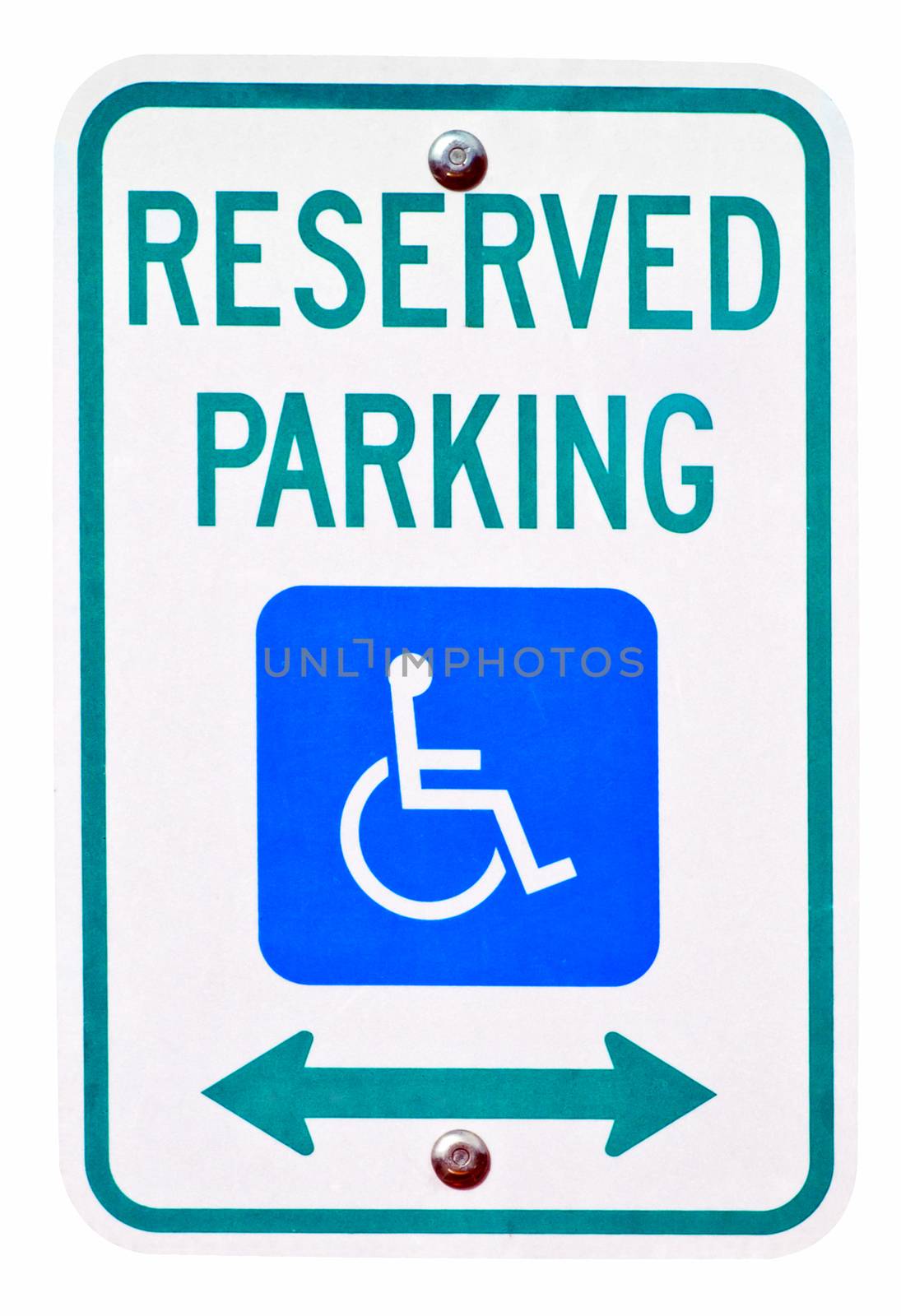 Reserved parking sign for persons with disabilities, used to give close access to store and business entrances. Isolated on white with a clipping path