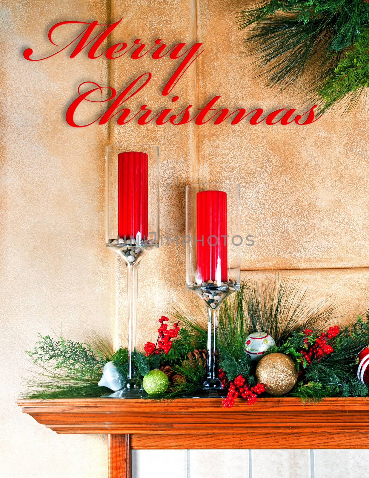 Candles Decorations On Fireplace Mantle Christmas Card by rcarner