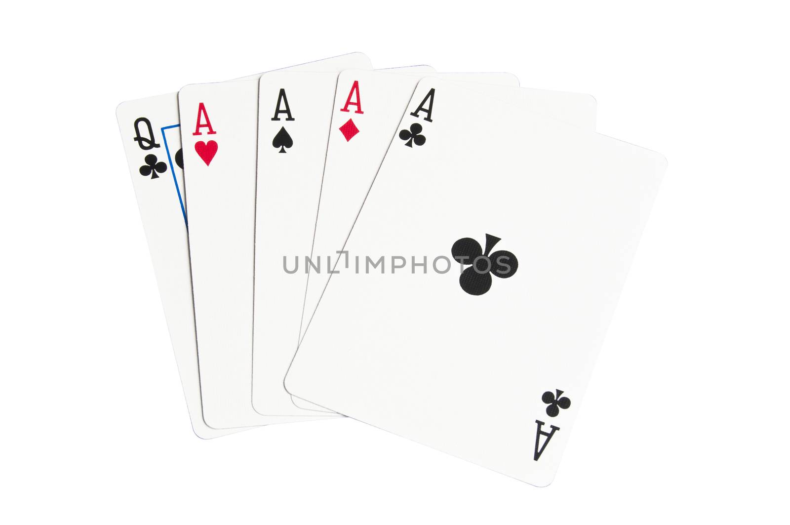 A poker hand with four aces. A winning hand. Isolated on white with a clipping path.