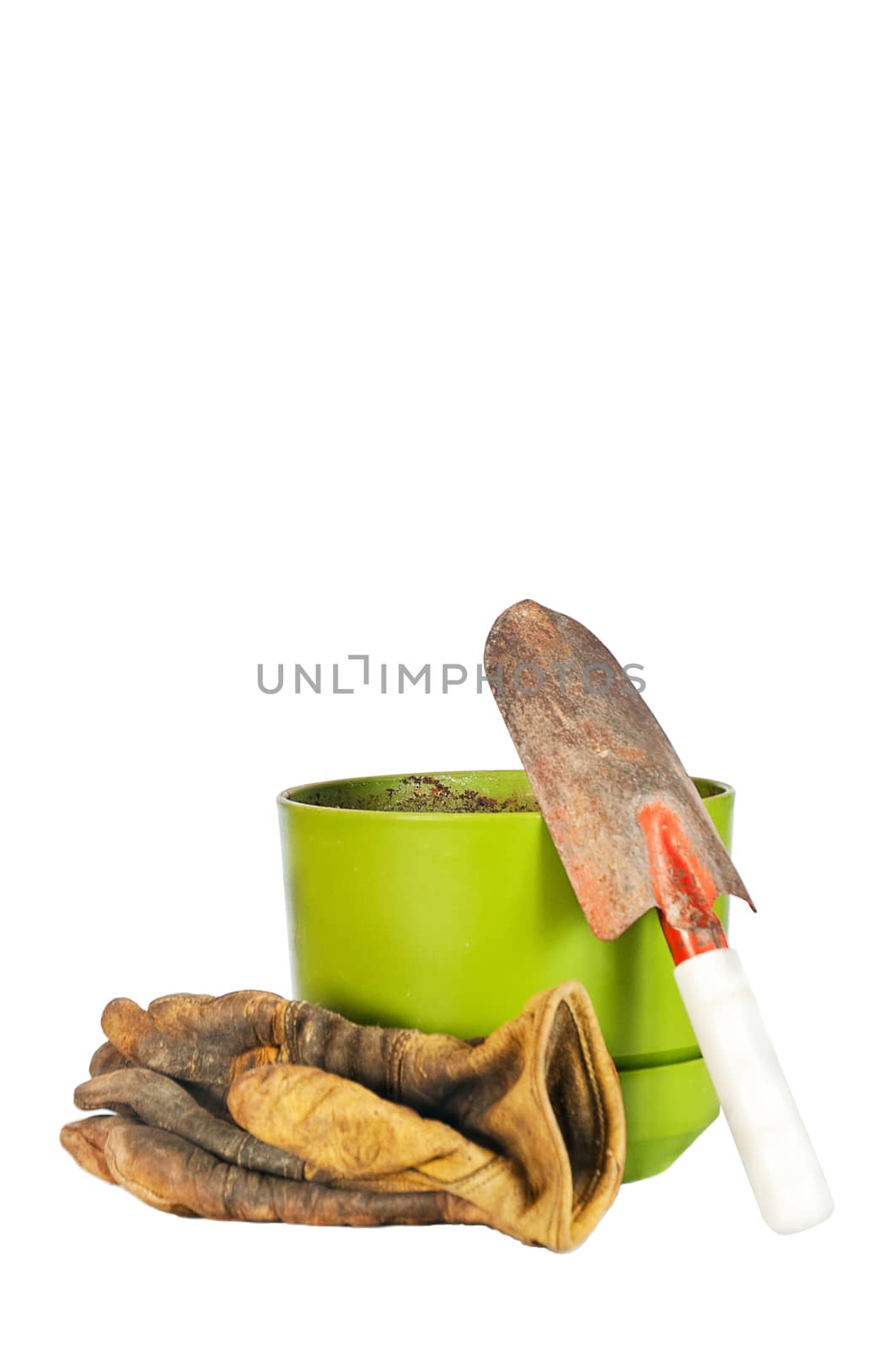 Garden tools and gloves isolated on a white background with a clipping path