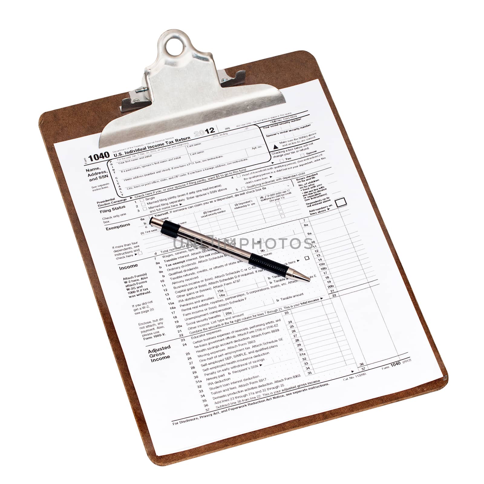 U.S. 2012 income tax form 1240 on a clipboard with a pen. Isolated on white with a clipping path.