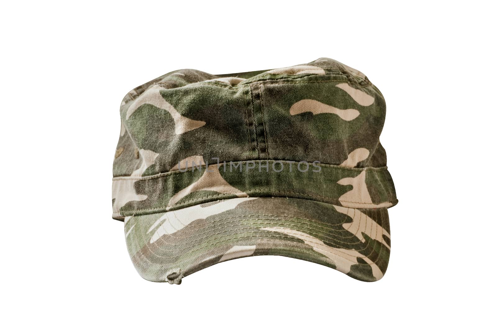 Front view of a camouflage cap used by amies and hunters around the world. Isolated on a white background.