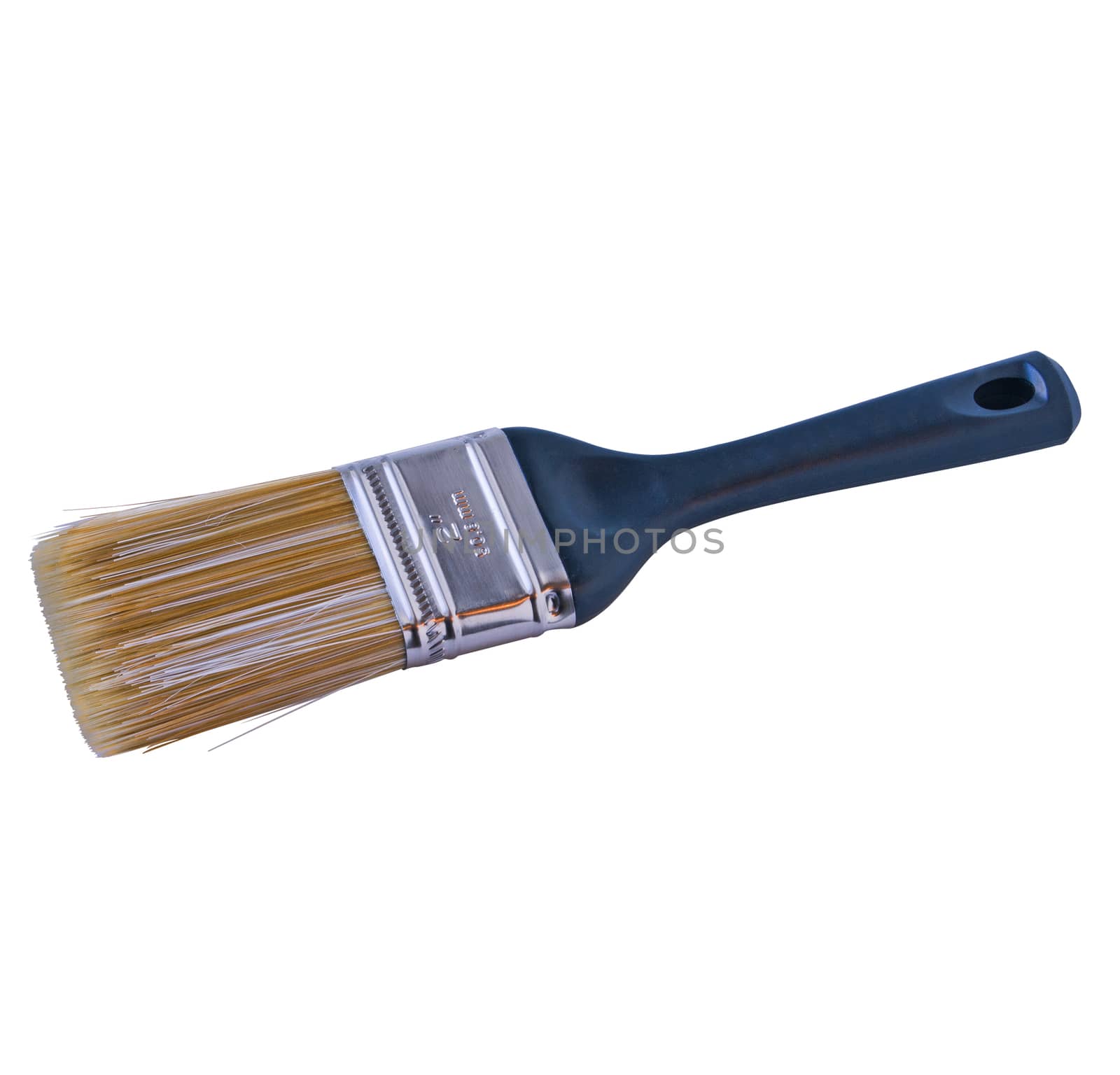 Inexpensive paintbrush with cheap bezel and bristles horizontal over a pure white background