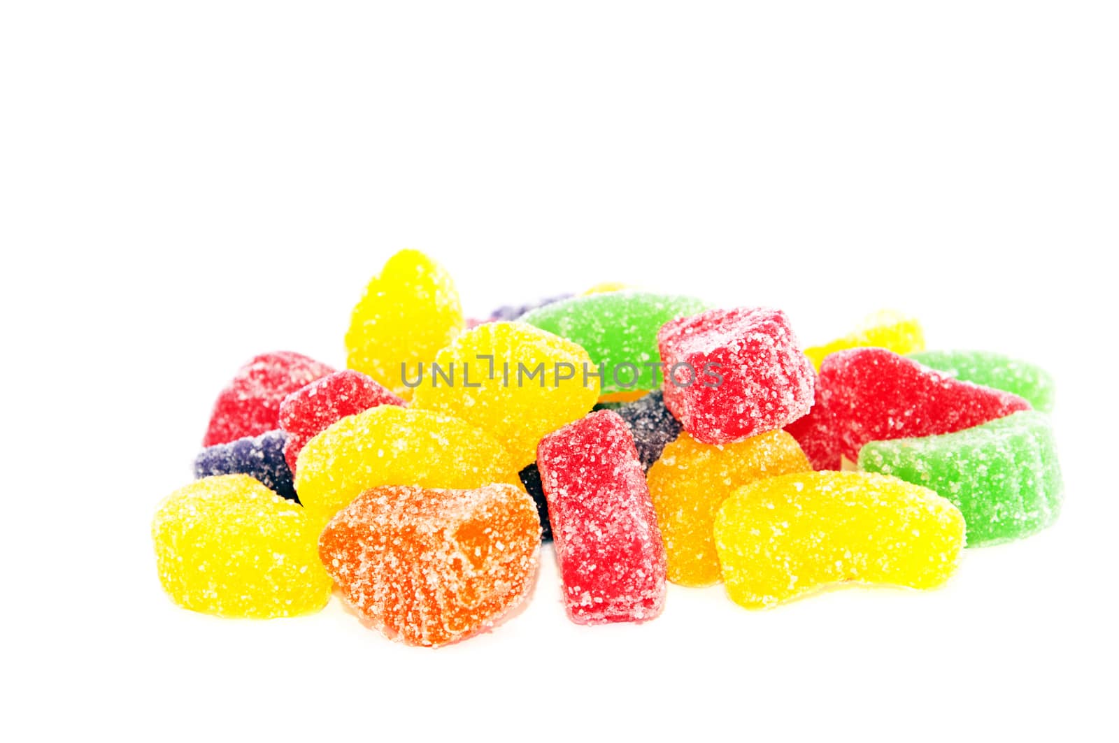Colorful gum drop candy in a high-key photo isolated on white background