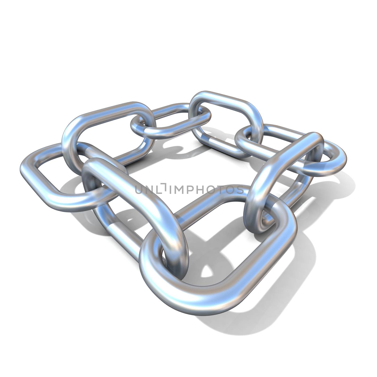 Abstract 3D illustration of a steel chain link isolated on white background. Front view