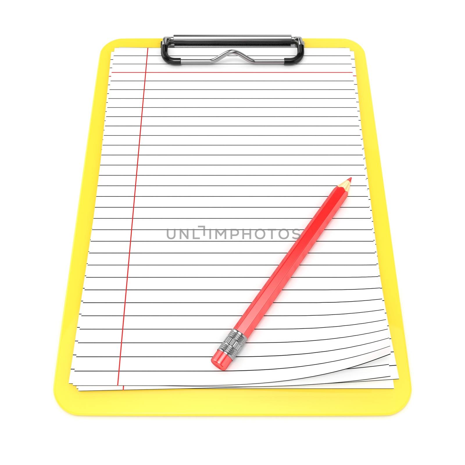 Yellow clipboard and blank lined paper. 3D render illustration isolated on white background