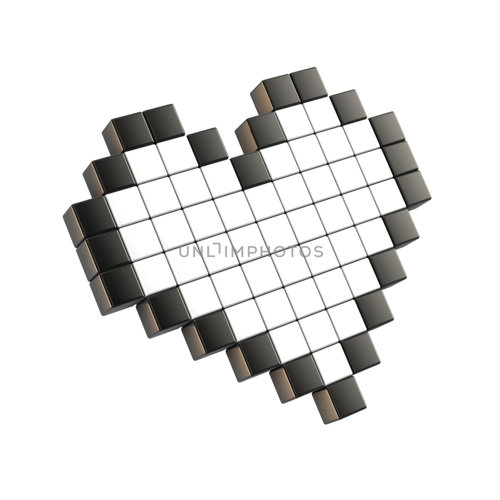 White pixel heart. 3D render illustration. Isolated on white