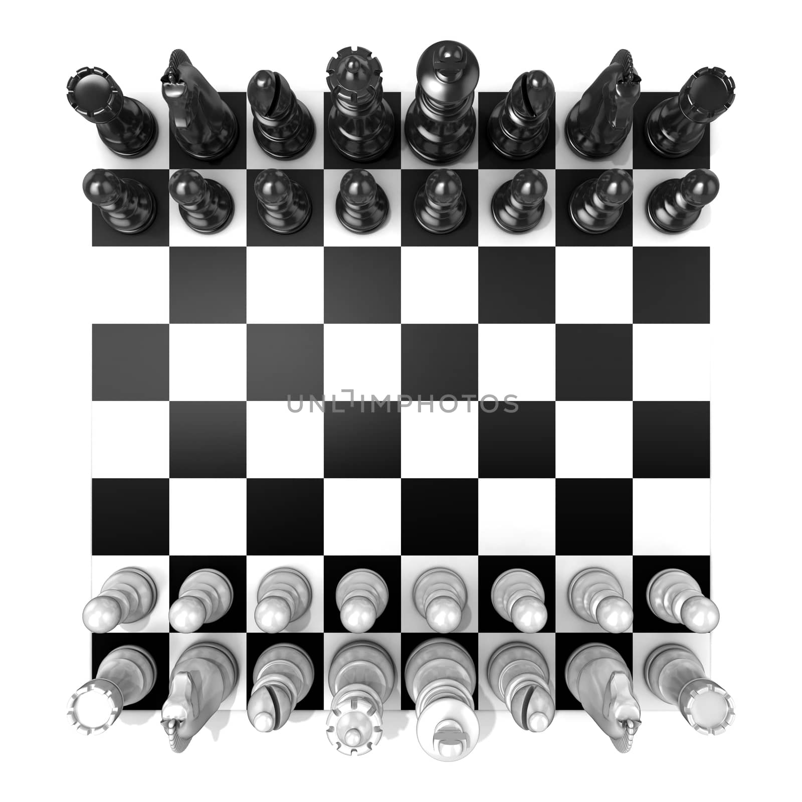 Chess Board with all chess pieces, isolated on white background. Top view