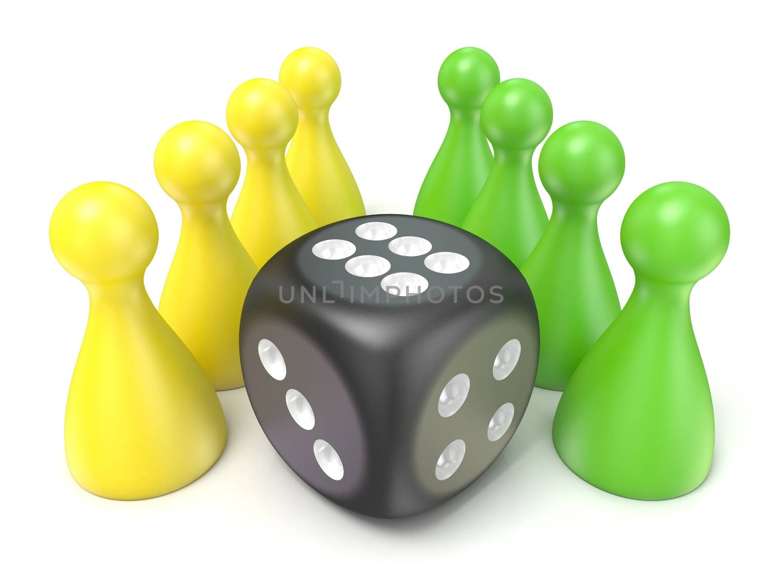 Conceptual game pawns and black dice. 3D render illustration isolated on white background
