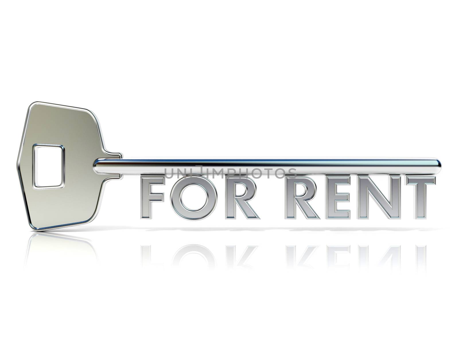 Door key FOR RENT sign. 3D render illustration isolated on white background