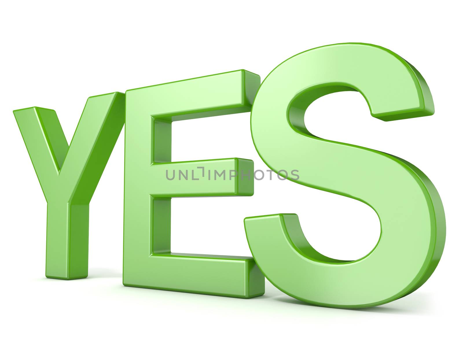 Green word YES. 3D render illustration isolated on white background