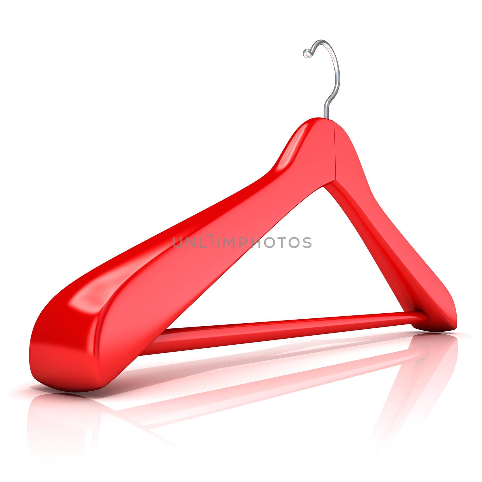 Red clothes hangers, 3D render isolated on white background. Side view