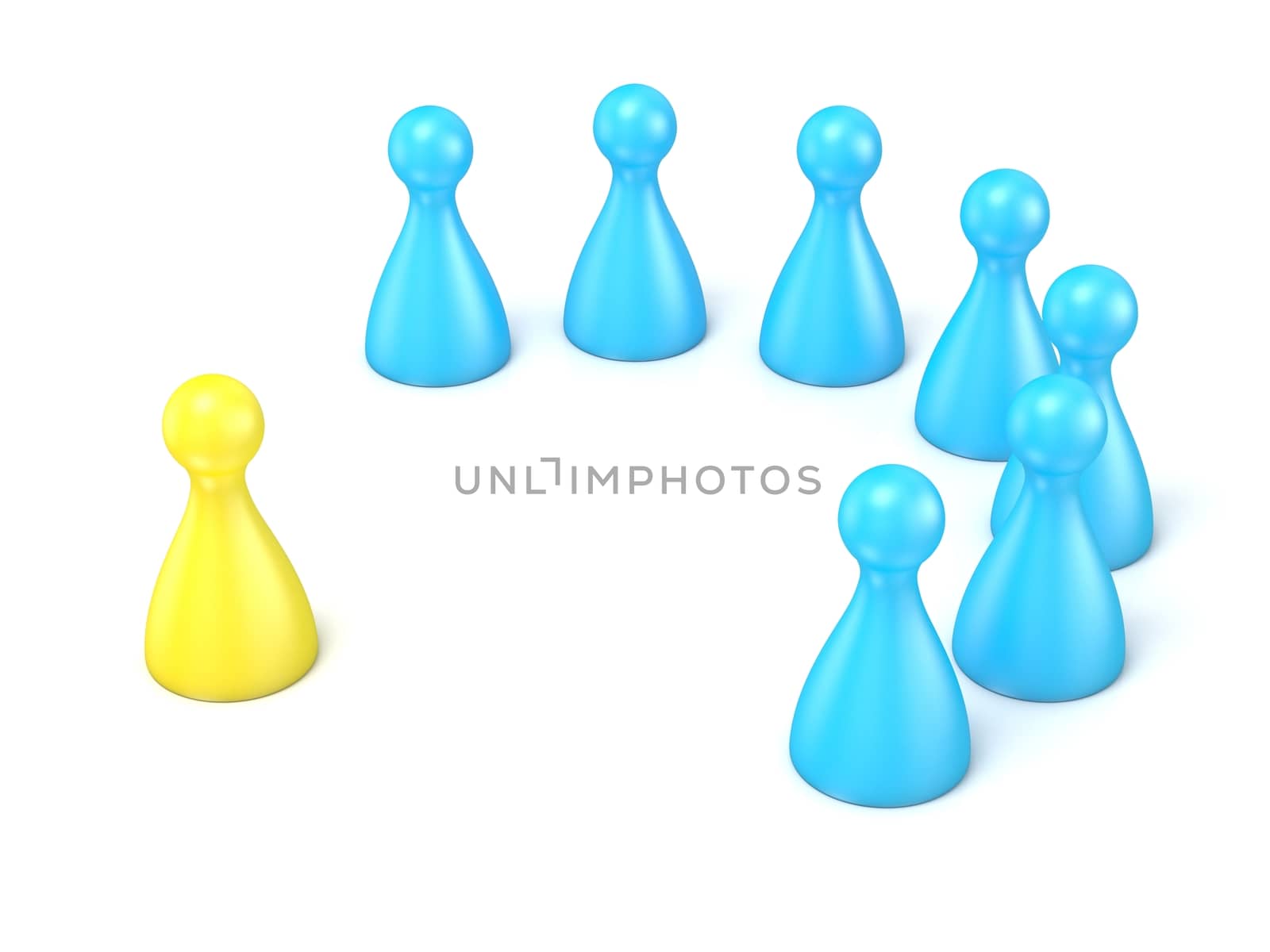 Interview with staff. Scene made of toy pawns. 3D render illustration isolated on white background