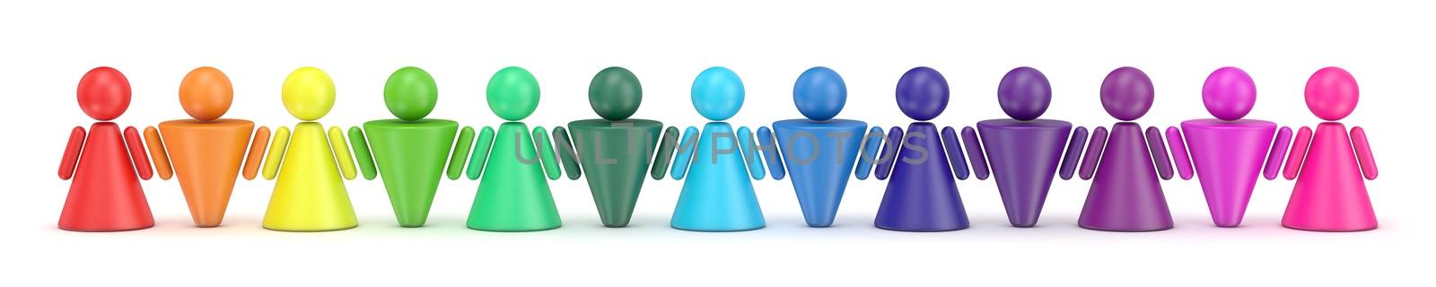 Abstract colorful symbol people figures in row. 3D render illustration isolated on white background