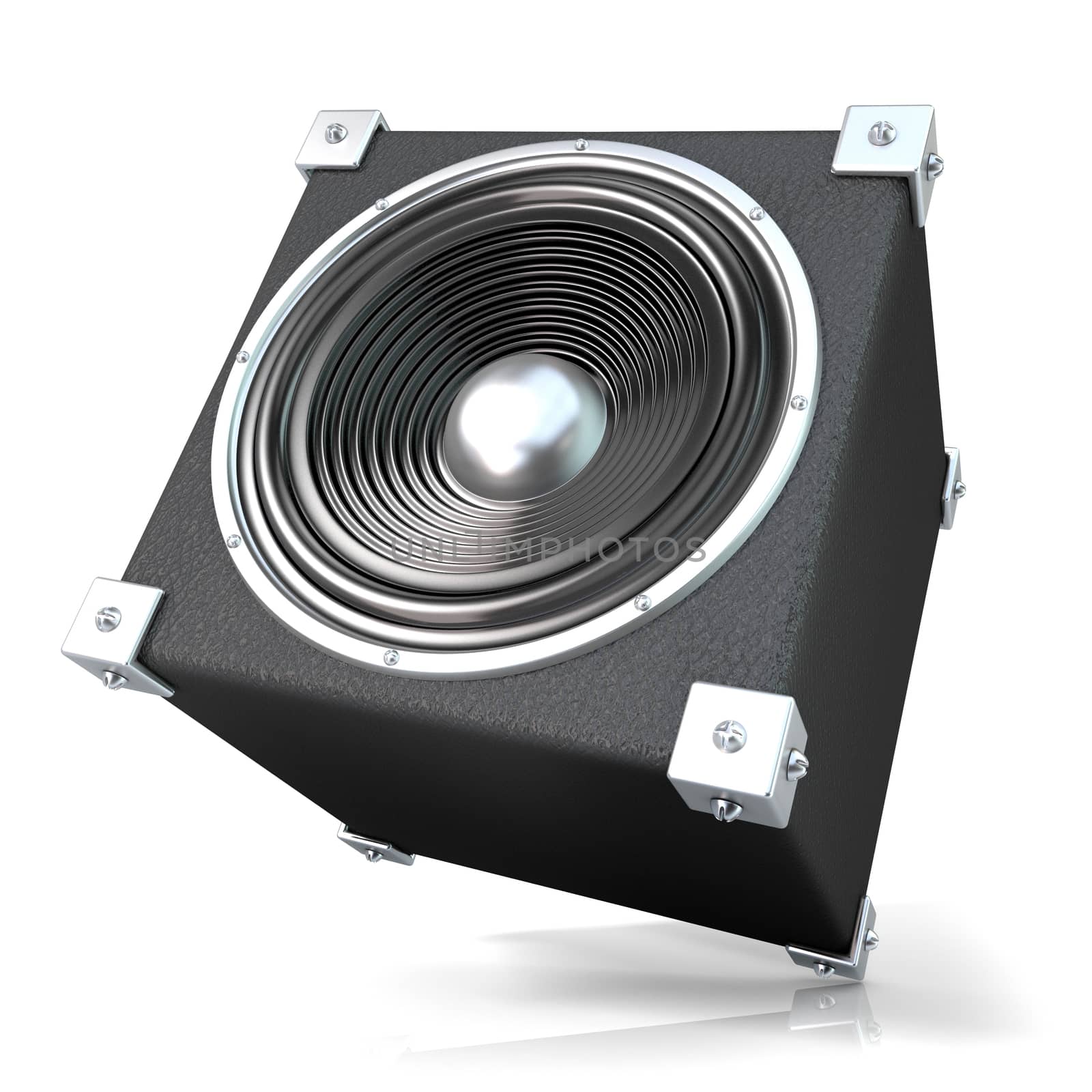 Black audio speaker. 3D render illustration isolated on white background. Side, angled view.