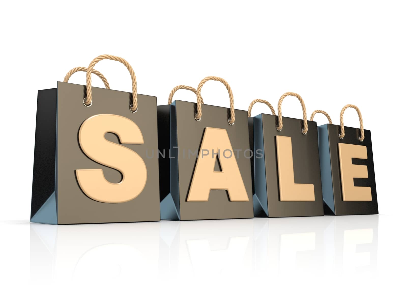 Four, black shopping bags with word SALE. 3D render illustration isolated on white background