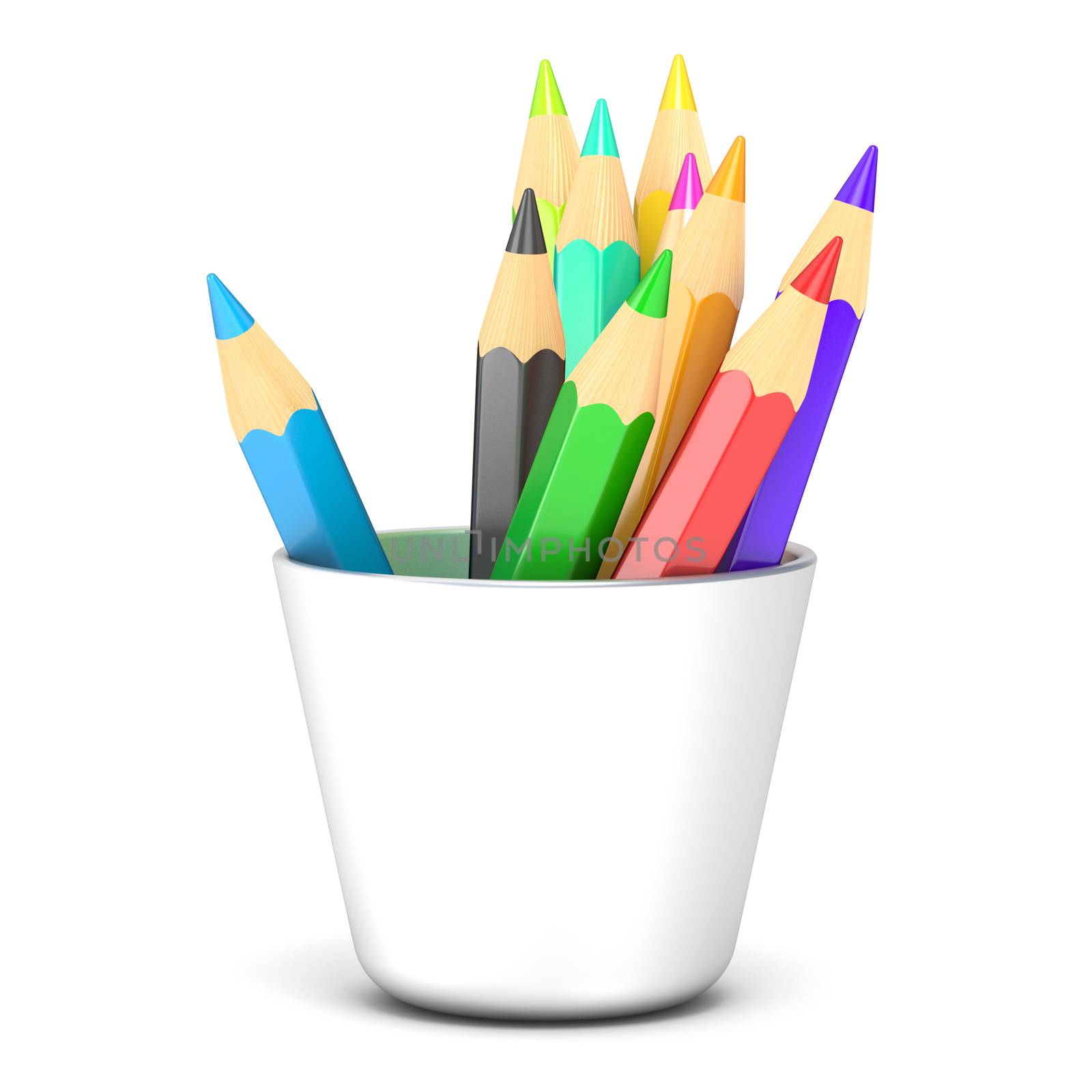 Colored pencils in a white holder. 3D render illustration isolated on white background