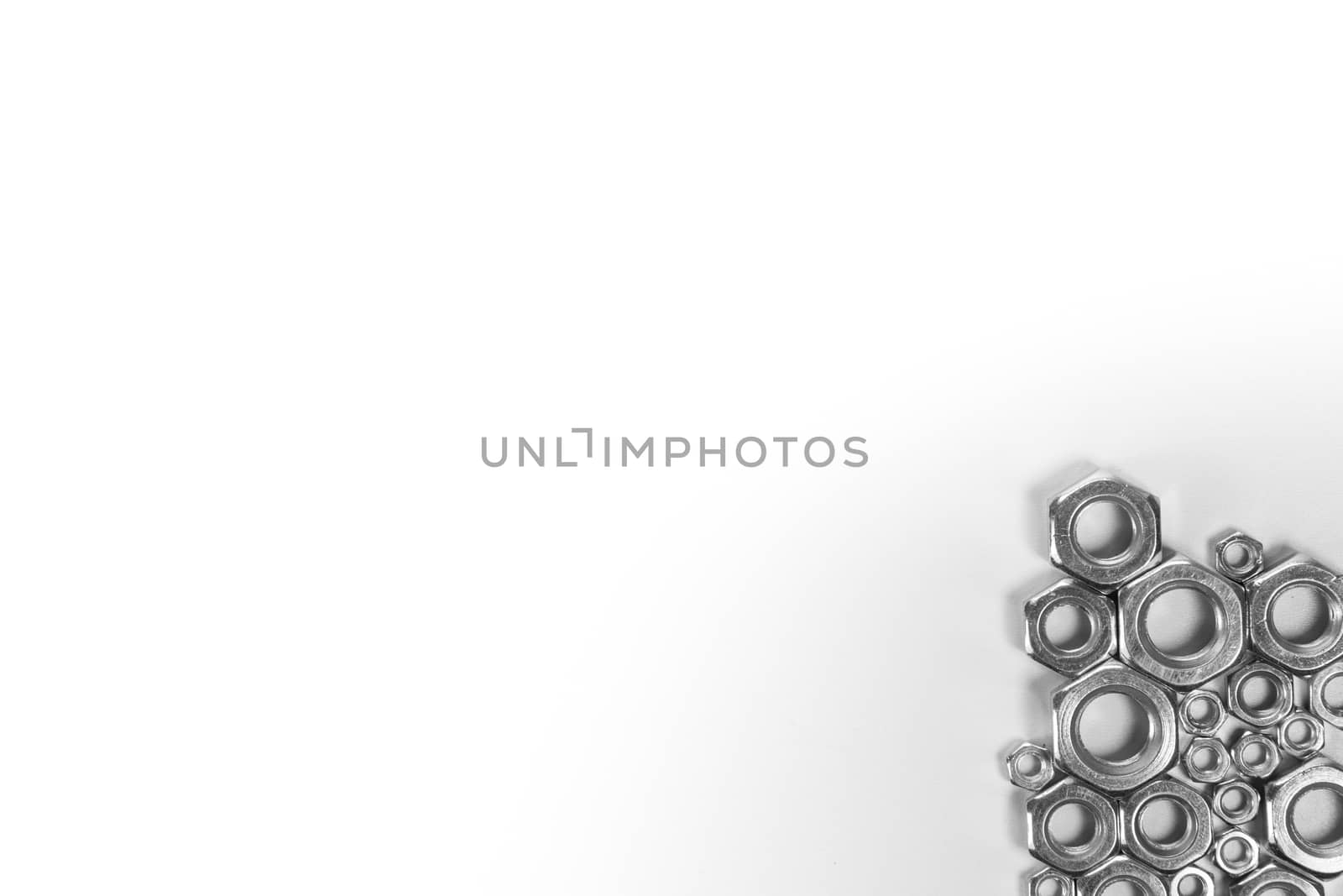 bolts closeup on white background with copy space