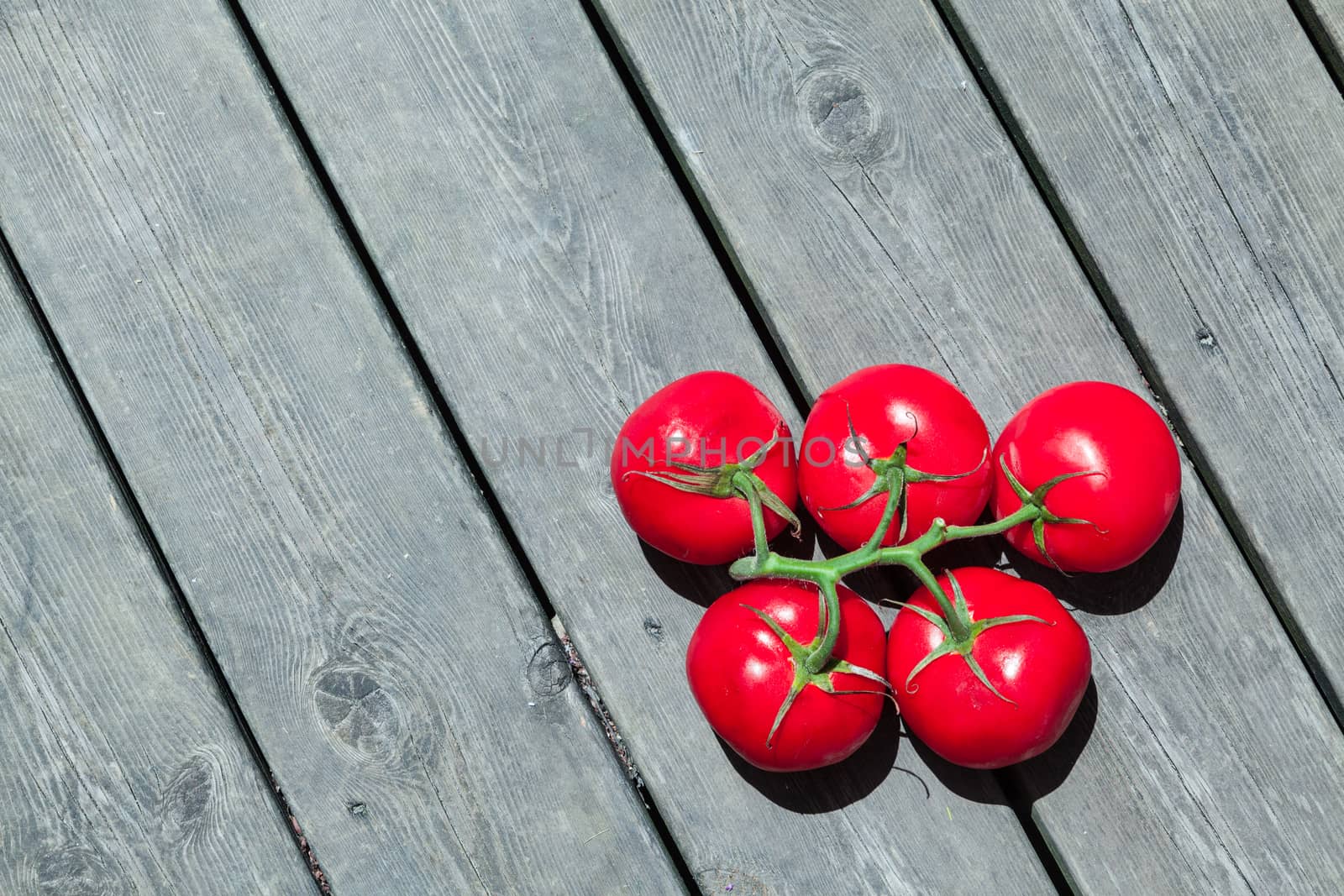 Five red tomatoes in olympic circles shape at wood background floor