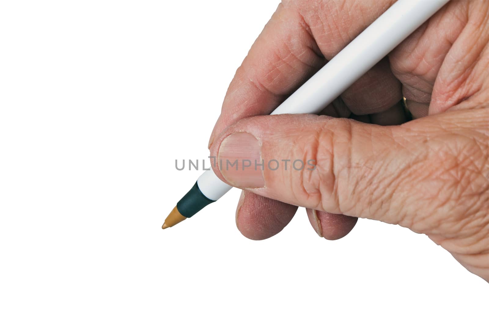 Elderly male right hand ready to start writing. Isolated on a white background
