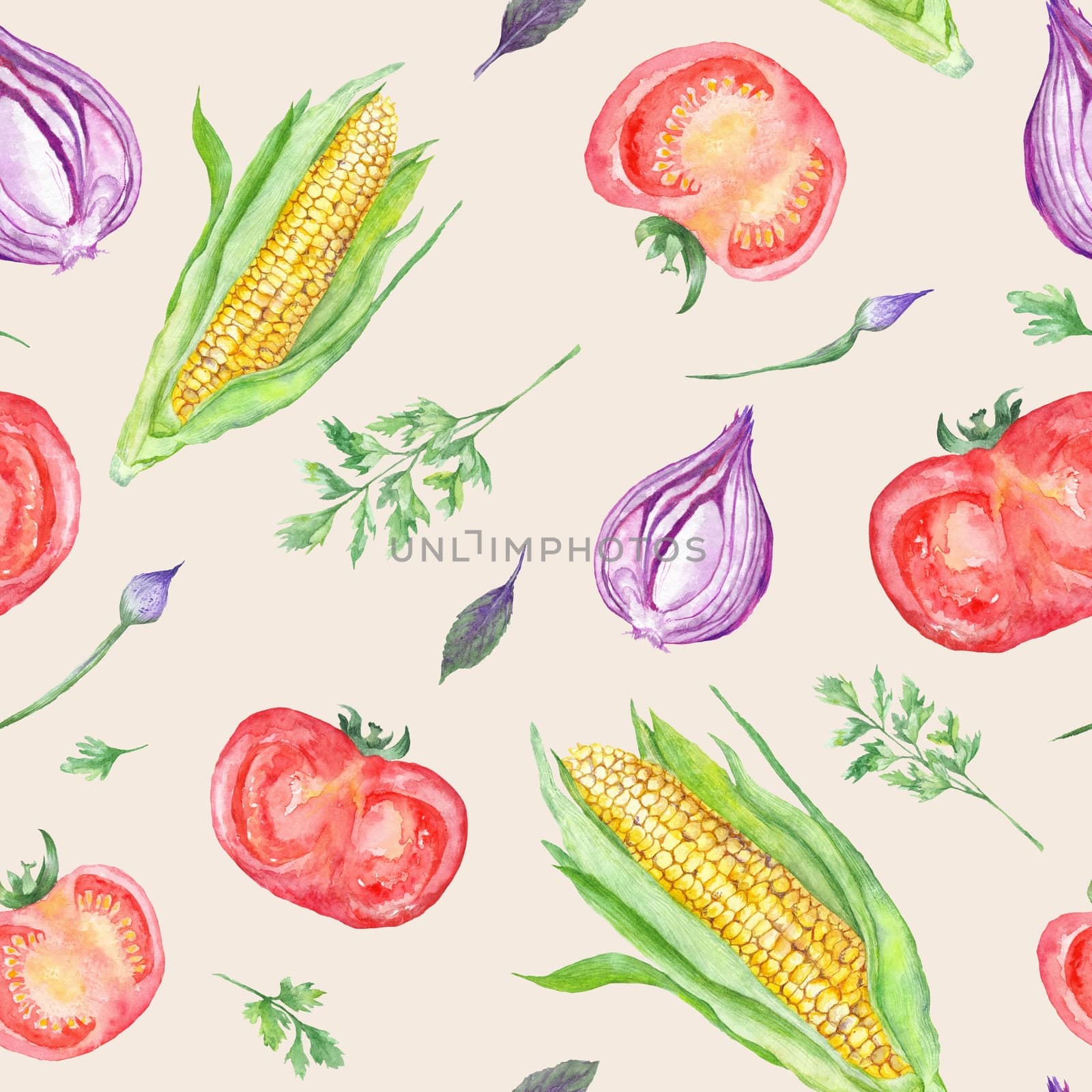 Seamless hand painted texture with healthy food illustrations on beige background