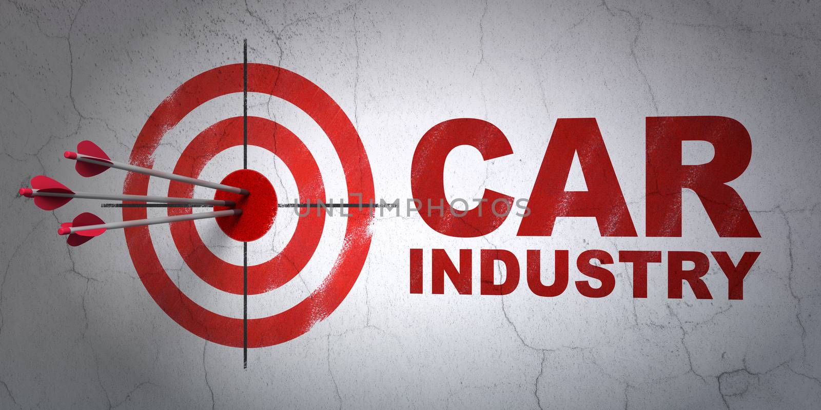 Success Manufacuring concept: arrows hitting the center of target, Red Car Industry on wall background, 3D rendering