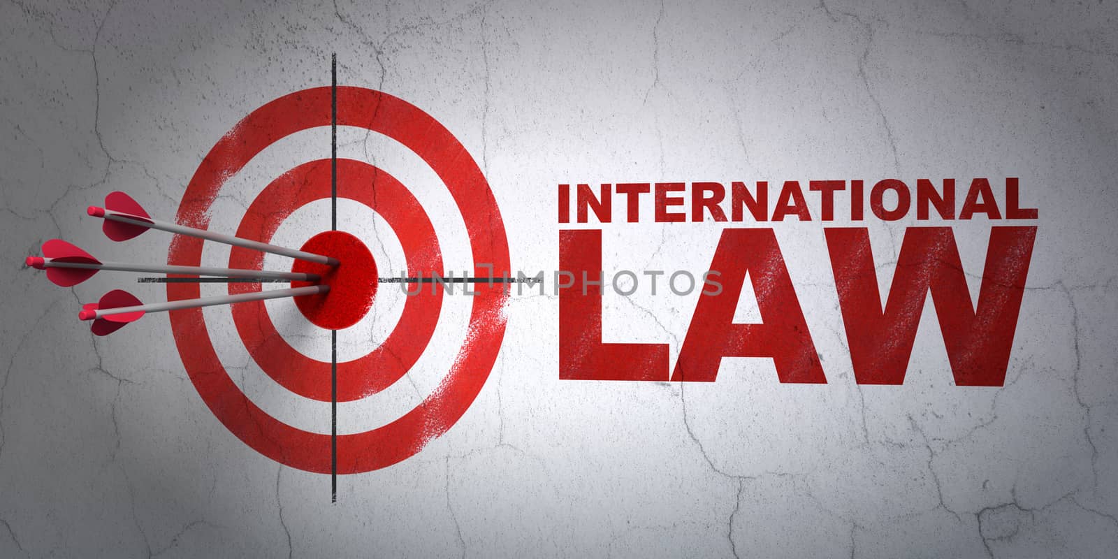 Success political concept: arrows hitting the center of target, Red International Law on wall background, 3D rendering