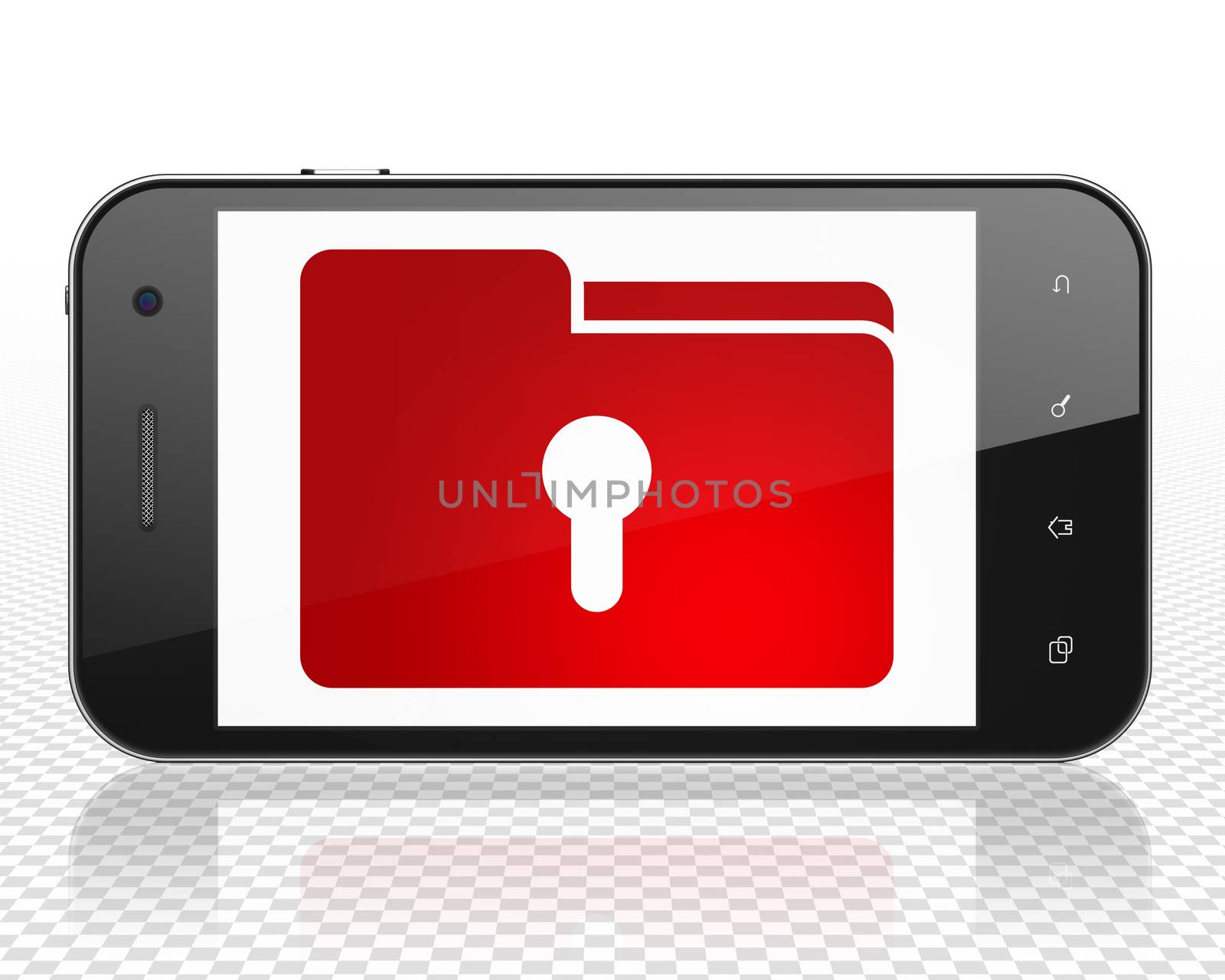 Business concept: Smartphone with red Folder With Keyhole icon on display, 3D rendering