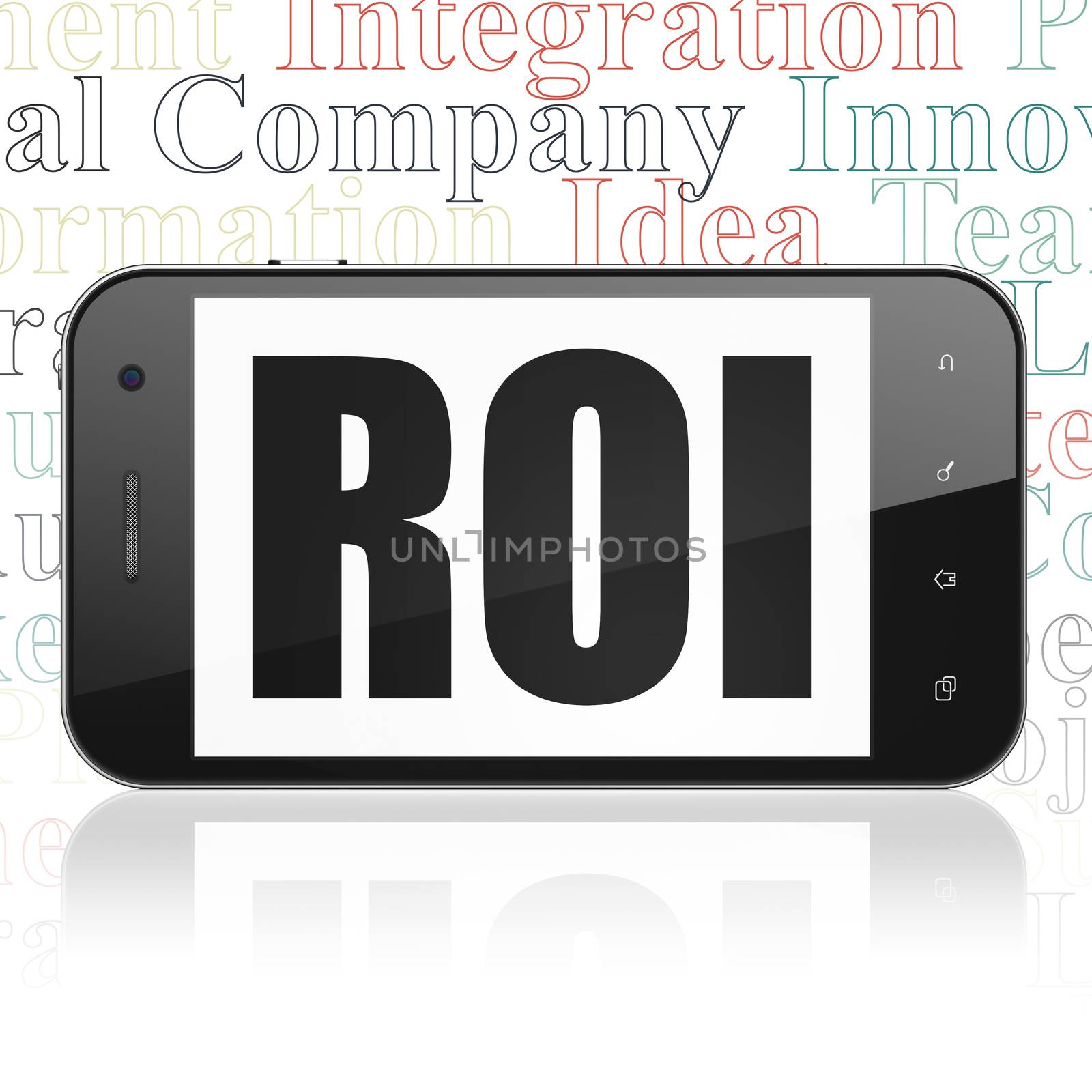 Finance concept: Smartphone with  black text ROI on display,  Tag Cloud background, 3D rendering