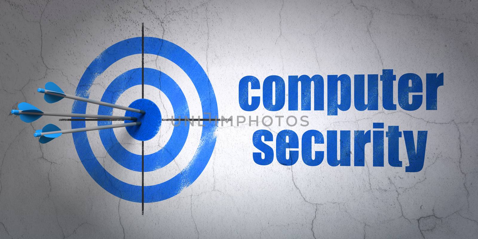 Success privacy concept: arrows hitting the center of target, Blue Computer Security on wall background, 3D rendering