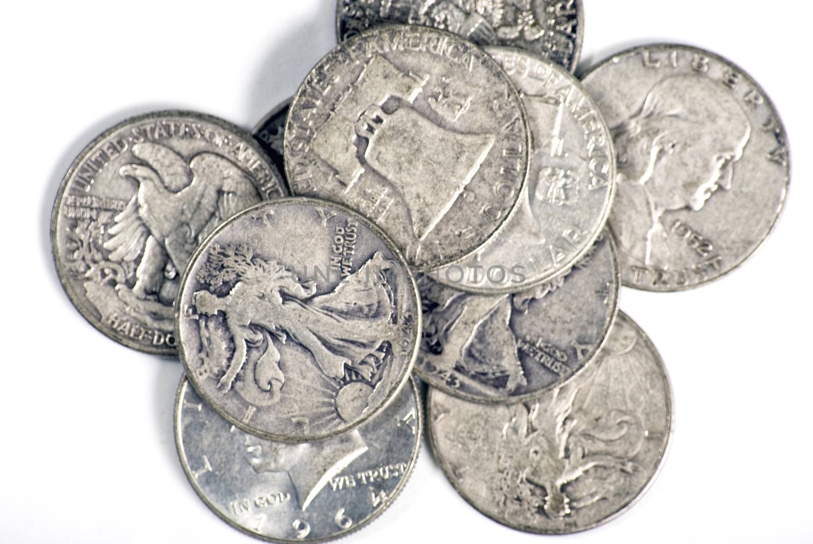 Old silver coins from the USA, half-dollars.