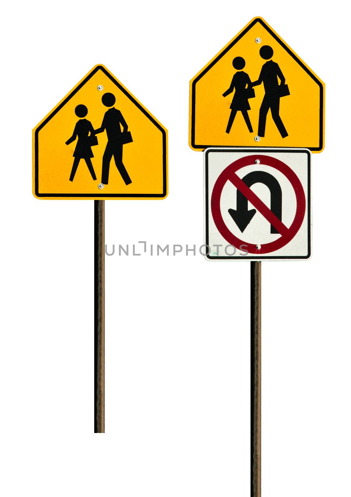 School crossing sign and a no U-turn sign together. Isolated on a white background with a clipping path