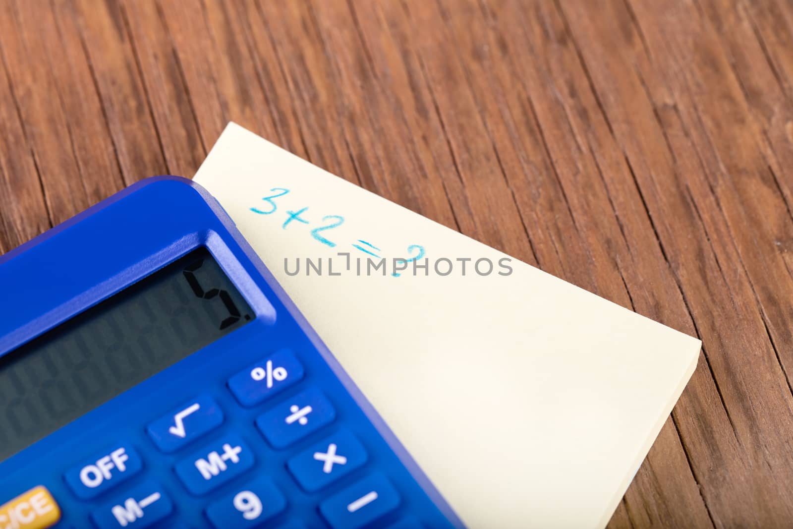 calculator and notebook close-up on wooden background